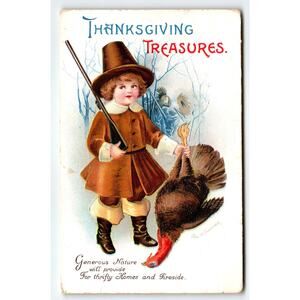 Vintage Thanksgiving Pilgrim Child Turkey Litho Postcard Ellen H. Clapsaddle